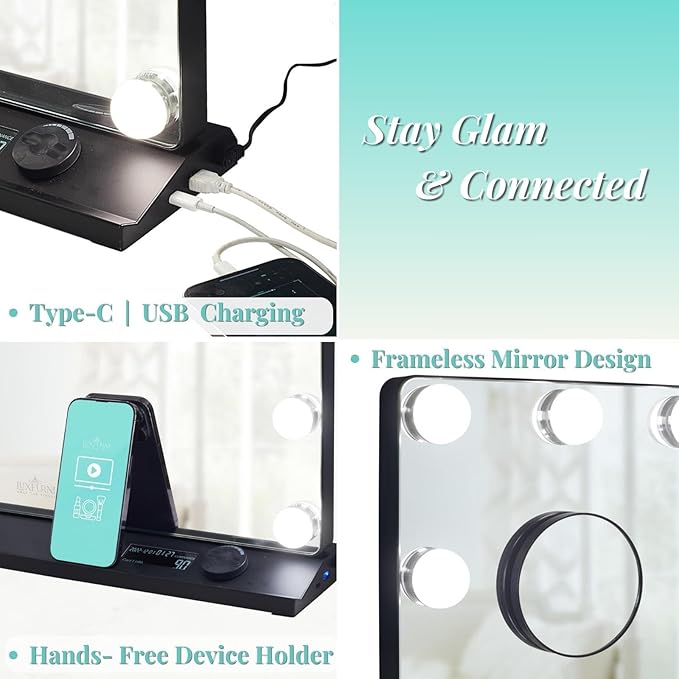 LUXFURNI Vanity Mirror with Lights, Makeup Mirrors Hollywood Mirror with 15 LED Bulbs, 3 Colors Modes & Adjustable Brightness, 10x Magnification, USB Charging (23"x 18")