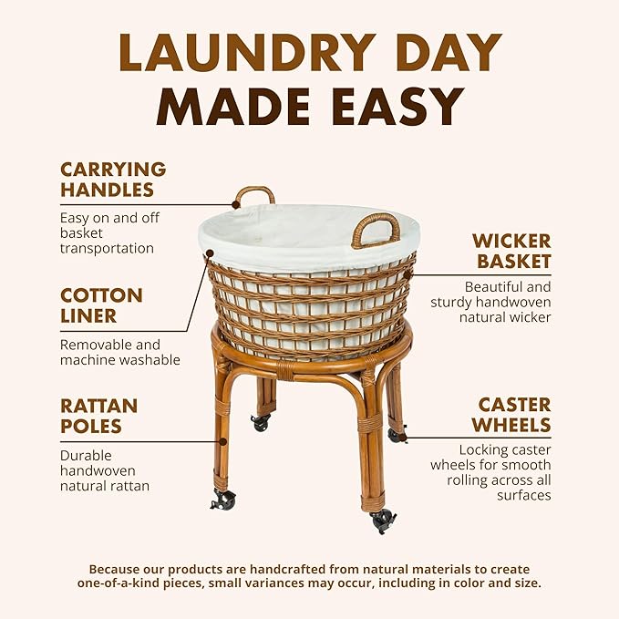 KOUBOO Rolling Wicker Laundry Basket, Handwoven Wicker Hamper with Removable Cotton Liner, Stand, & Locking Caster Wheels, Honey Brown