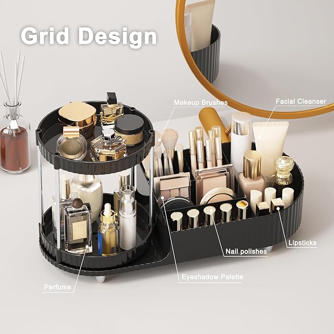 Makeup Organizer Countertop with Partition Slot for Vanity, Plastic Vanity Storage, 2-in-1 Large Desk Makeup and Skincare Organizers with Perfume Tray for Cosmetics Bathroom