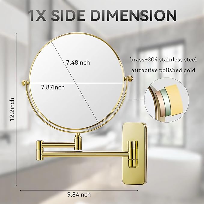 Nicesail Makeup Mirror, Wall Mounted 7X Magnifying Mirror Vanity Mirror for Bathroom, Extendable Swivel, Brass and 304 Stainless Steel Material for Hotel or Home, Shiny Gold Finish (8 Inch, 7X)