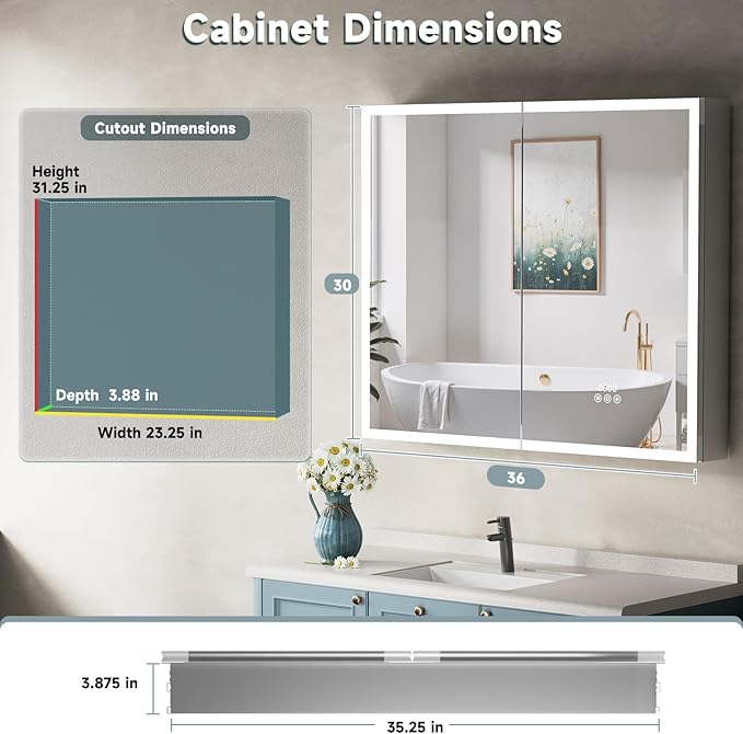 Medicine Cabinet with Lights, 36x30 Inch LED Mirror with 3 Color Lighted, Dimmable, Defogger, Clock & Temp, Surface or Recessed