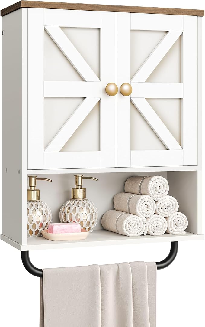 CHOEZON Bathroom Wall Cabinet, Medicine Cabinet with Open Partition and Towel Bar, Rustic Storage Cabinet with Open and Hidden Storage Space, for Bathroom, Living Room, Kitchen, White and Walnut