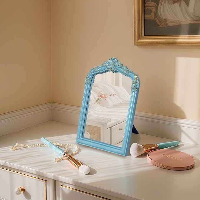 Vintage Carved Desk Mirror - 13x10 Inch Decorative Vanity Mirror for Makeup, Dorm, Bedroom & Tabletop Deco (Blue, 13" L x 10.2" W Flowers)