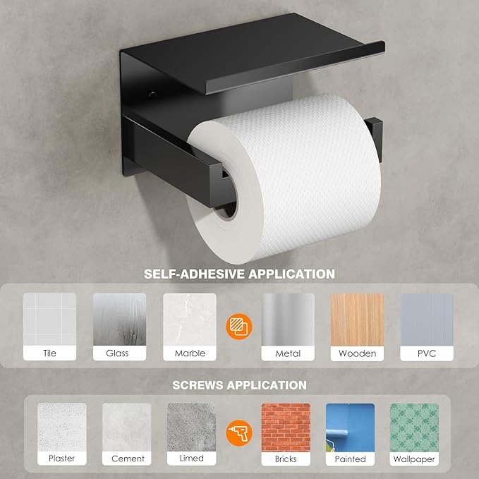 Auxmir Toilet Paper Holder with Shelf, Premium SUS304 Stainless Steel Rustproof Adhesive or Screw Wall Mounted Toilet Roll Holder, Toilet Tissue Holder for Bathroom Kitchen Washroom RV, Matte Black