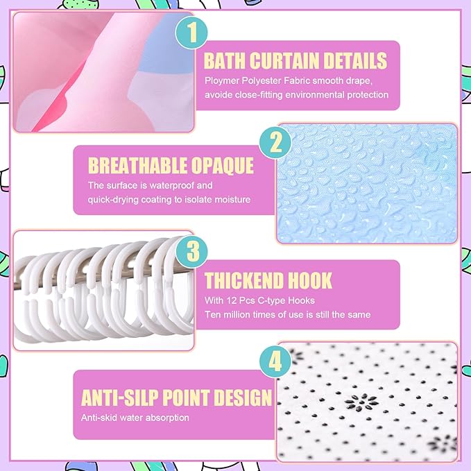 Nuanchu 6 Pcs Unicorn Shower Curtain Set with Rug Rainbow Unicorn Bathroom Sets with Shower Curtain Bath Mat U Shaped Mat Toilet Lid Cover 2 Bath Towels and 12 Hooks Pink Girls Bathroom Decor