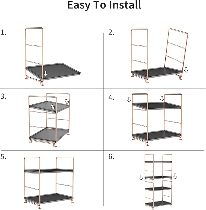 2-Tier Countertop Organizer Cosmetic Storage Rack Vanity Tray Stackable Standing Storage Shelf with Experience Manual(Rose Gold + Black)