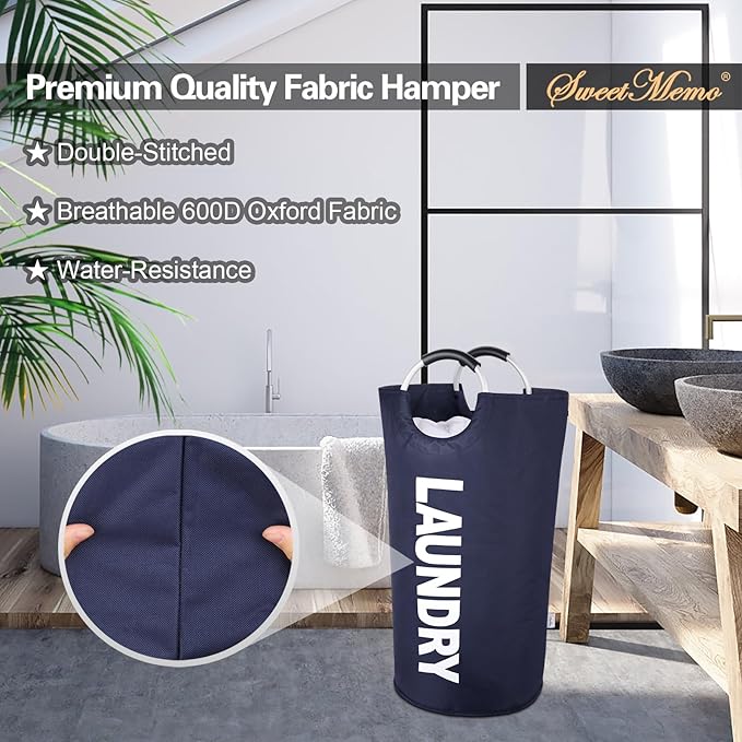 Large Laundry Basket Collapsible 95L, Tall Laundry Bag with Handles for Boys, Student, ?€? Fioldable Dirty Clothes Hampers for College Dorm???Laundry Room, Lightweight, Sturdy - Navy Blue