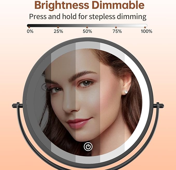 Benbilry 8 Inch Lighted Makeup Vanity Mirror with Lights 3 Color Dimmable, 1X/10X Magnifying Rechargeable Double Sided Light Up Cosmetic Mirror, 360° Swivel Cordless Standing, Black
