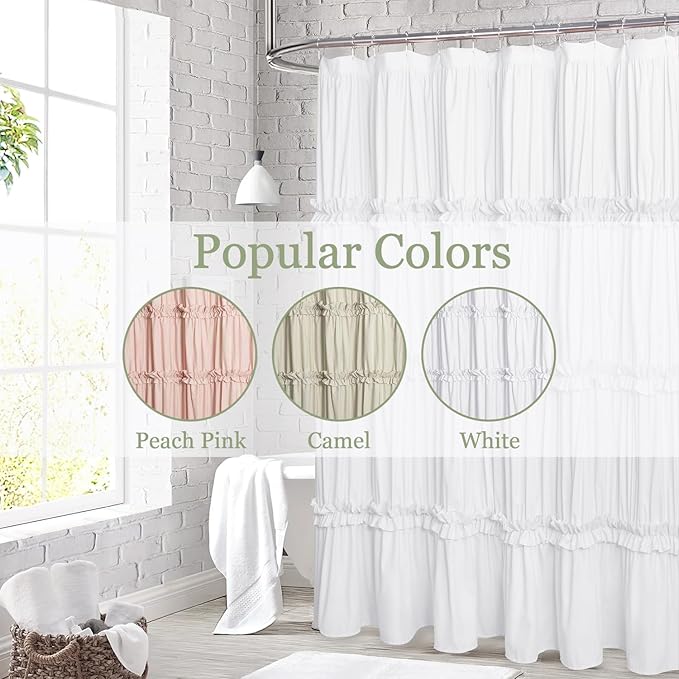 Farmhouse Ruffle Shower Curtain with Handmade Ruched, Vintage Ruffled Fabric Bathroom Curtains, Decorative Elegant Bathroom Curtain with 12 Holes, White, 72" W x 72" H(N60049)