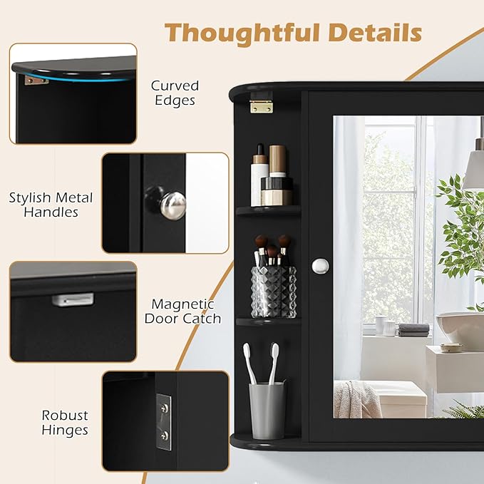 COSTWAY Medicine Cabinet with Mirror, Wall Mounted Bathroom Storage Cabinet with Mirror Door and Adjustable Shelves, Space-Saving Storage Organizer for Living Room Kitchen Entryway (Black)