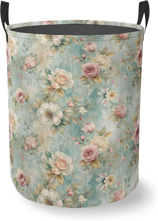 Laundry Hamper Foldable Oxford Cloth Vintage Flowers Laundry Basket With Handle Portable Clothes Storage Organizer Basket Storage Bag For Laundry Room/Bedroom/Bathroom