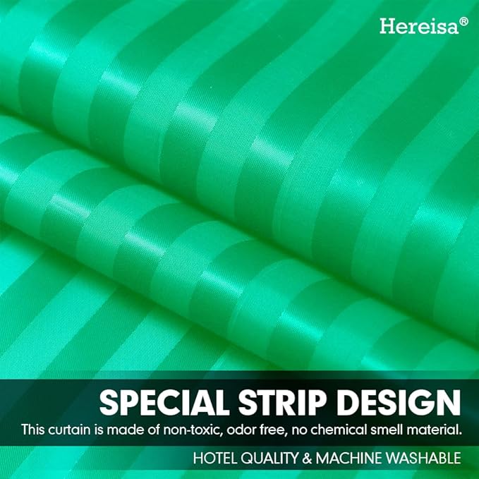 Strip Green Fabric Shower Curtain with Magnets - 85 GSM Heavy Duty Waterproof Bath Curtain, 12 Reinforced Metal Grommets (72x72 Inches)