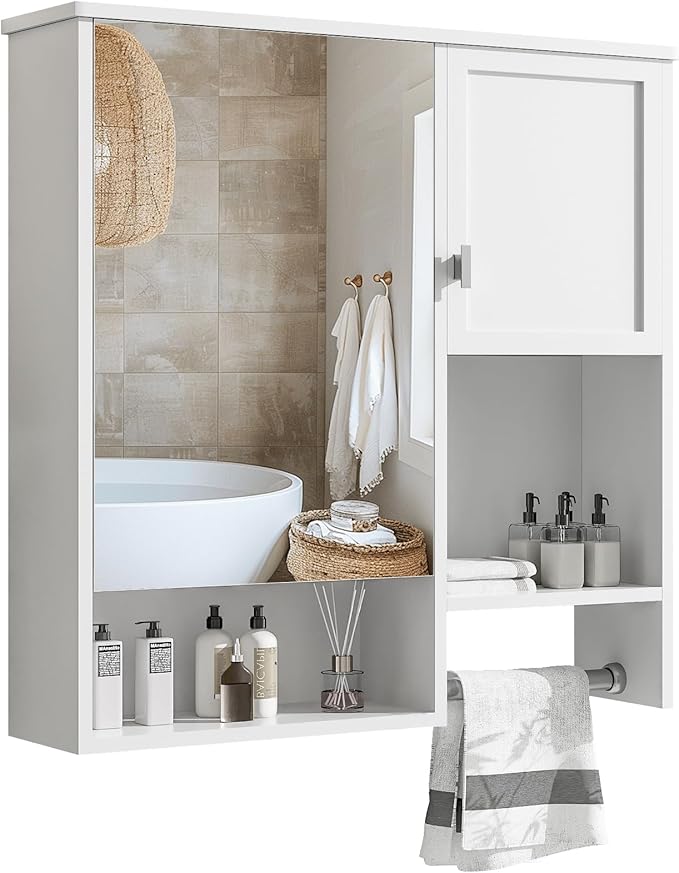 Merax Medicine Cabinet for Bathroom, Wall Mount Bathroom Cabinet with Mirror, Open Shelf, and Towel Bar, 29.5" W x 28.7" H Over The Toilet Mirrored Bath Wall Cabinet