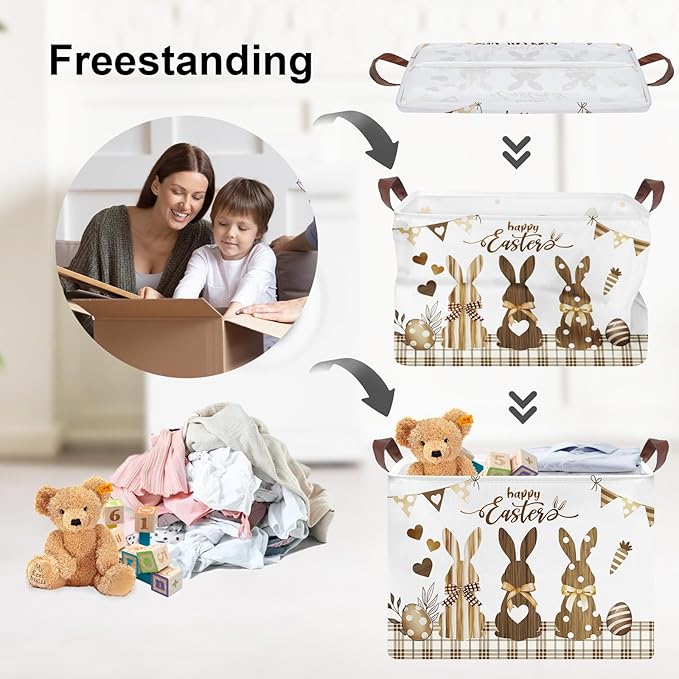 Clastyle Easter Rabbit Cross Kid Storage Basket Baby Laundry Hamper Boy Girl Gift Toy Box Collapsible Egg Clothes Organizer Nursery Bin for Bedroom, Brown, 40 * 30 * 30 cm