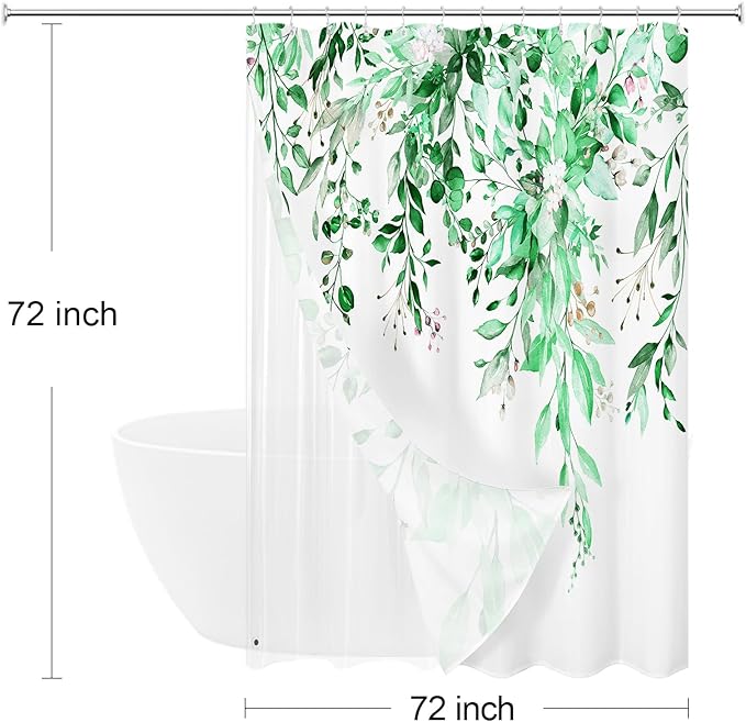 Gibelle 3 in 1 Shower Curtain Set, 72x72 Eucalyptus Bath Curtain and PEVA Liner Set with 12 Metal Hooks, Waterproof Fabric Bathroom Curtain, EmeraldGreen