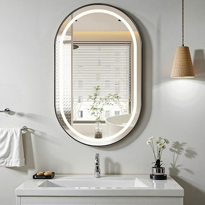 SogesHome Wall Mounted Mirror Medicine Cabinet 33"X20" with LED Lights, Oval Vanity Mirror Storage with Shelves, Modern Decro Recessed Mirror Medicine Cabinet for Bathroom, Bedroom, Black