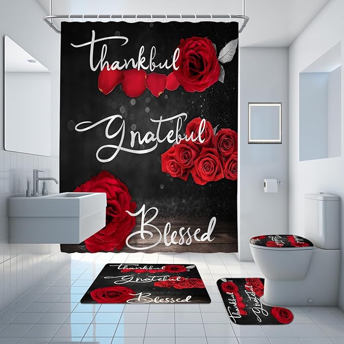 Onalasyc 4Pcs Red Rose Shower Curtain with Rugs Set Waterproof Bathroom Sets with Shower Curtain and Rugs Romantic Showy Red Rose Floral Inspirational Bathroom Curtains Shower Set with 12 pcs Hooks