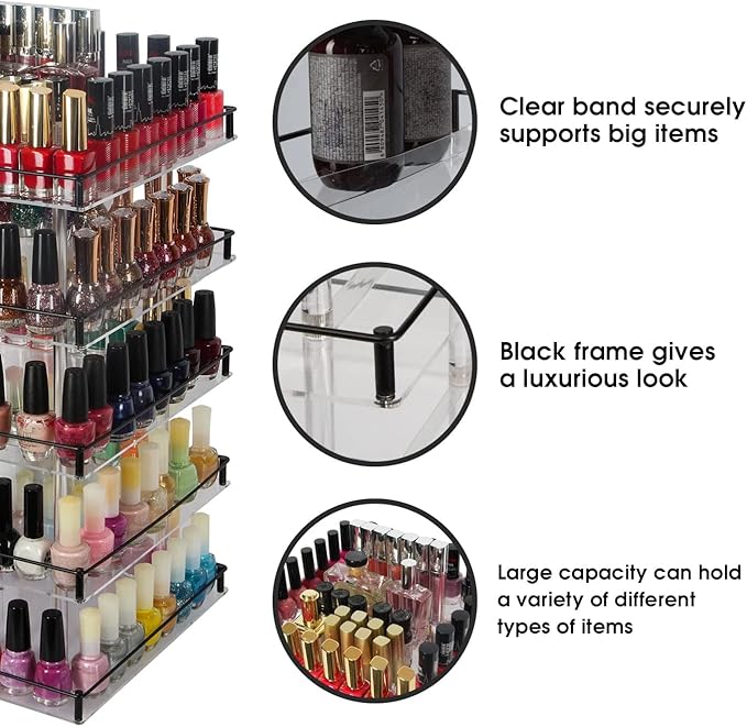 J JACKCUBE DESIGN Nail Polish Organizer, 5 Tier Acrylic 360 Rotating Display Rack Stand Makeup Cosmetics Storage Box Carousel Shelf with Black Iron Guard, Hold Up to 310 – MK302-5