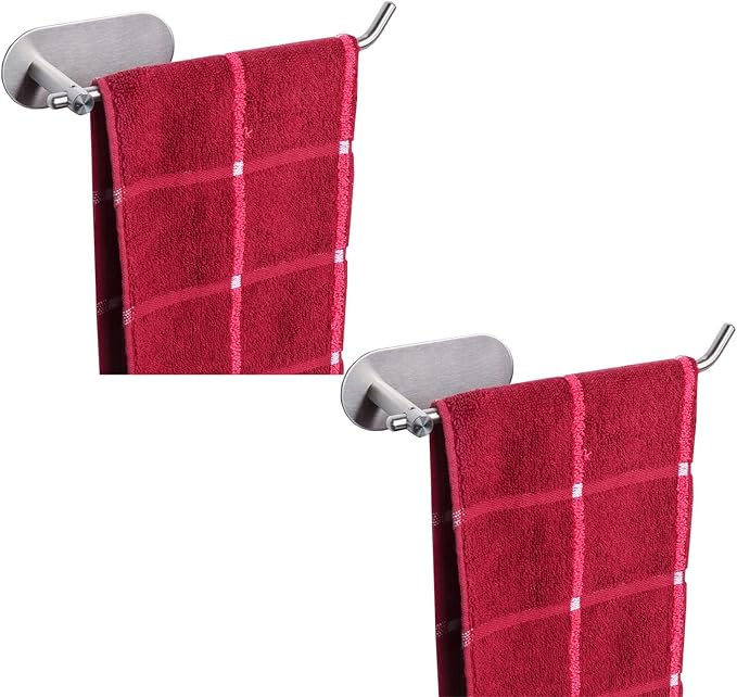 TocTen Stainless Steel Hand Towel Bar, No Drilling Stick on Wall, Strong Self Adhesive Towel Rack/Hanger for Bathroom Kitchen (Brushed, 2 Pack)