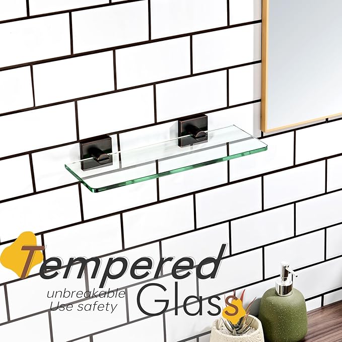 KOKOSIRI Bathroom Wall Shelves 12-Inch Tempered Glass Floating Shelf for Shower Storage Decor, 2 Pack Oil Rubbed Bronze Stainless Steel B1107ORB-L12-P2