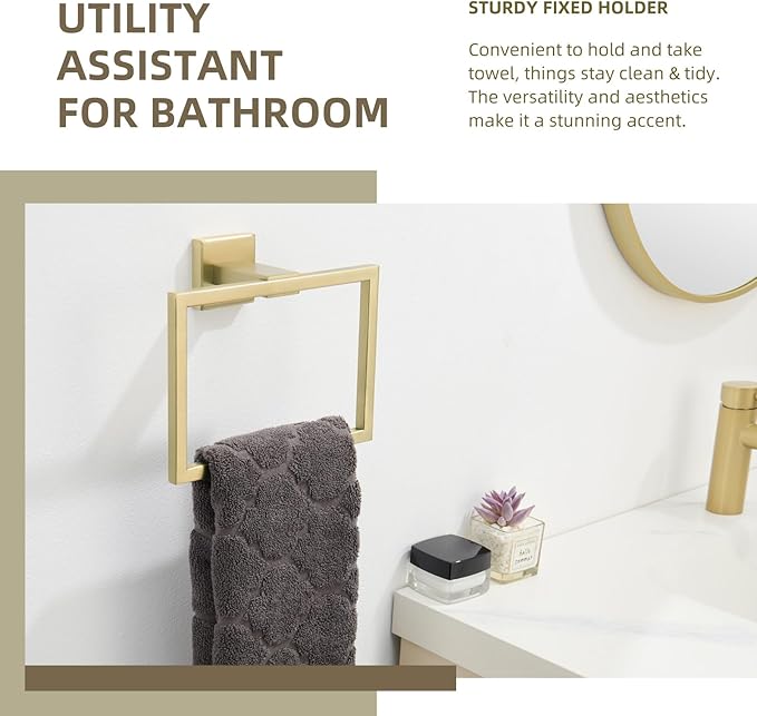 Angle Simple Towel Ring Square, SUS304 Stainless Steel Hand Towel Holder for Bathroom Wall, 7.09 Inches, Brushed Gold