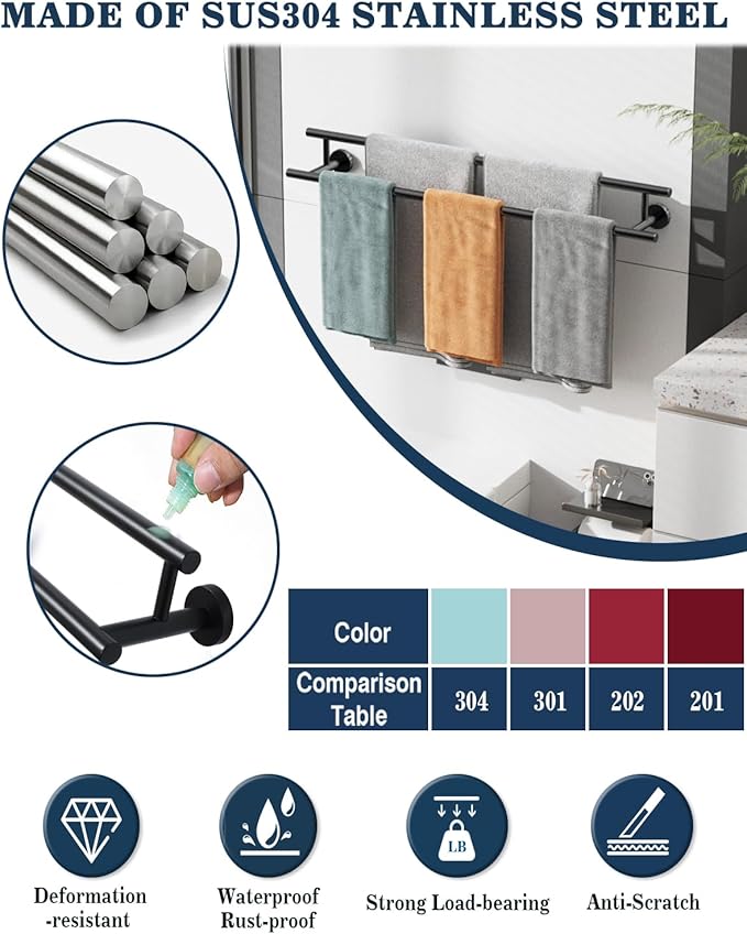 Alise Double Towel Bar Black,28" Towel Rack for Bathroom Wall Mounted,Bathroom Towel Rack SUS304 Stainless Steel Bathroom Towel Holder Quick Drying Hand Towel Holder Towel Bar for Walls