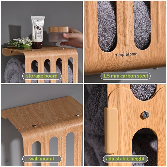 simpletome Towel Storage Rack Adjustable Height Wall Mount Bathroom Shelf Organizer Carbon Steel (Beech)