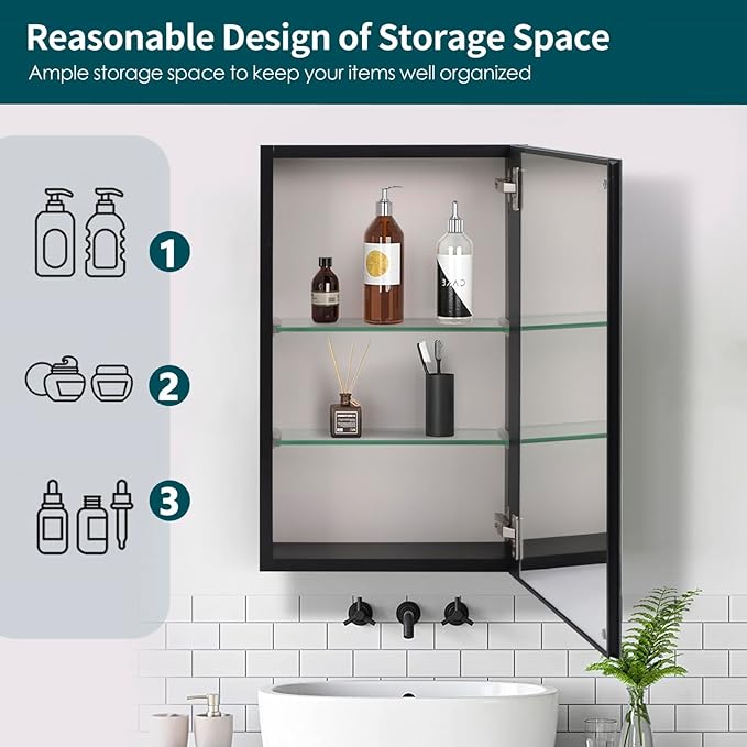 Movo 15 Inch x 24 Inch Medicine Cabinet with Mirror,Black Aluminum Framless Bathroom Mirror Recessed or Surface Mount Medicine Cabinet for Bathroom with Adjustable Shelves
