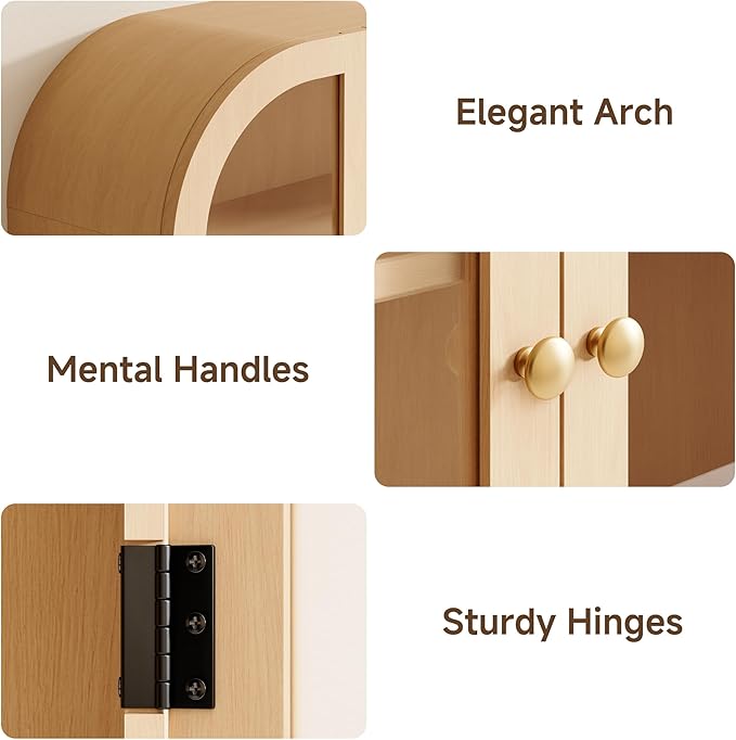 Fatmok Arched Bathroom Wall Cabinet Set of 2, Over-The-Toilet Storage Cabinet with Glass Doors & Adjustable Shelf, Wood Floating Medicine Cabinet for Bathroom, Laundry, Kitchen(Natural Wood)