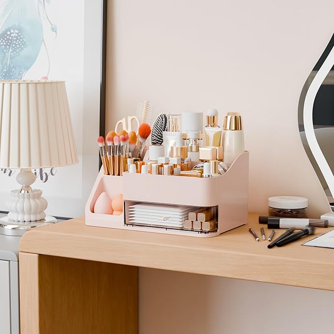 Yieach Countertop Makeup Organizers With Brush Holder,Big Skincare Organizers for Vanity,Dresser,Bathroom,Plastic Cosmetics Storage Organizer with Drawers for Lotion,Beauty,Hair Product & Tool,Pink