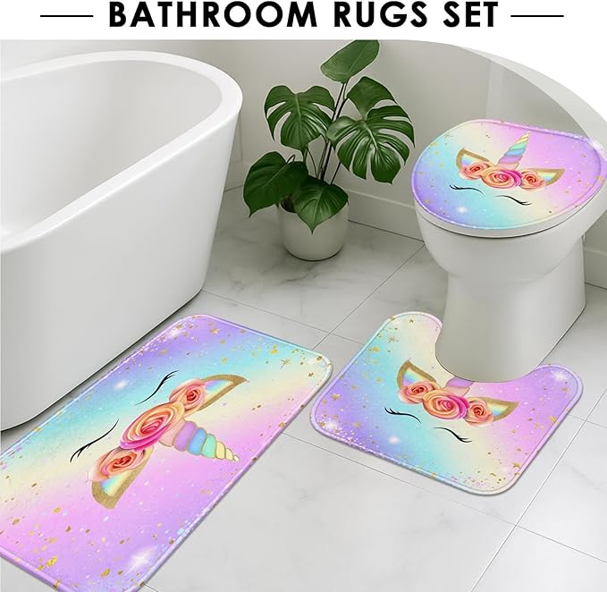 Arttown Pink Unicorn Rainbow Bathroom Set with Shower Curtain and Rugs and Accessories, Colorful Gradient Floral Shower Curtains, Modern Art Bathroom Decor 4 Pcs