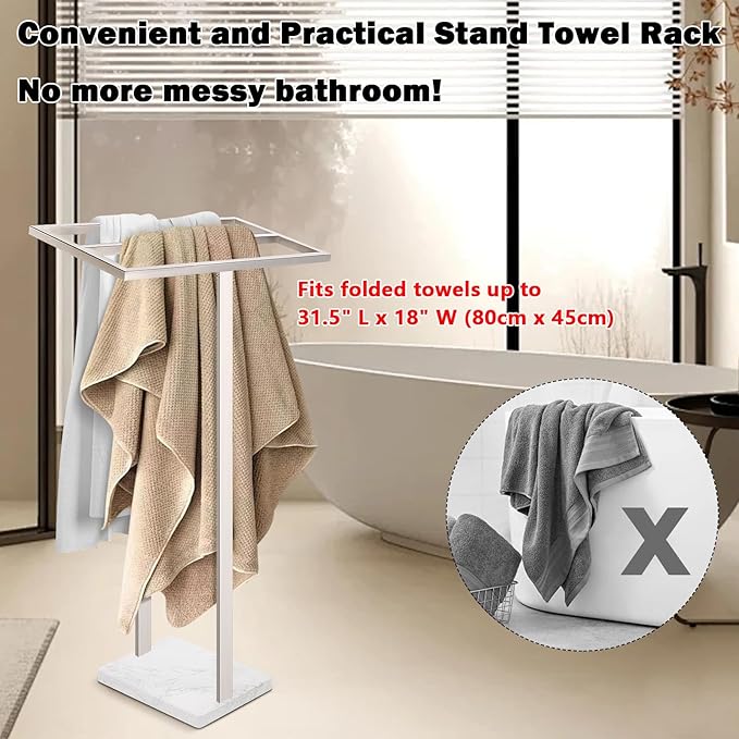 Livabber Standing Towel Rack, 304 Stainless Steel 2 Tier Towel Holder Stand with Heavy Marble Base, Stylish Floor Towels Bar for Bathroom Accessories, Laundry Room, Pool (Brushed Nickel)