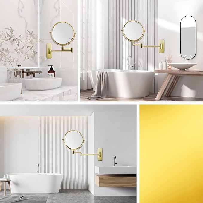 Nicesail Makeup Mirror, Wall Mounted 7X Magnifying Mirror Vanity Mirror for Bathroom, Extendable Swivel, Brass and 304 Stainless Steel Material for Hotel or Home, Shiny Gold Finish (8 Inch, 7X)