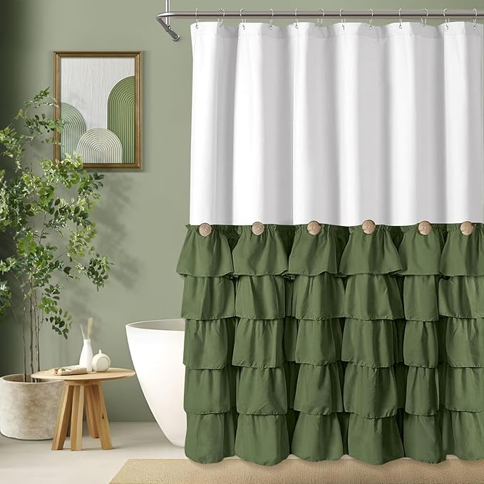 Seasonwood Green and White Shower Curtain 72 x 72 with Nature Buttons Farmhouse Shower Curtain for Bathroom French Country Style,White and Sage Green