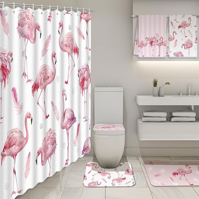 Nuanchu 6 Pcs Flamingos Shower Curtain Set with Rug Pink Flamingos Bathroom Sets with Shower Curtain Bath Mat U Shaped Mat Toilet Lid Cover 2 Bath Towels and 12 Hooks Summer Bathroom Decor
