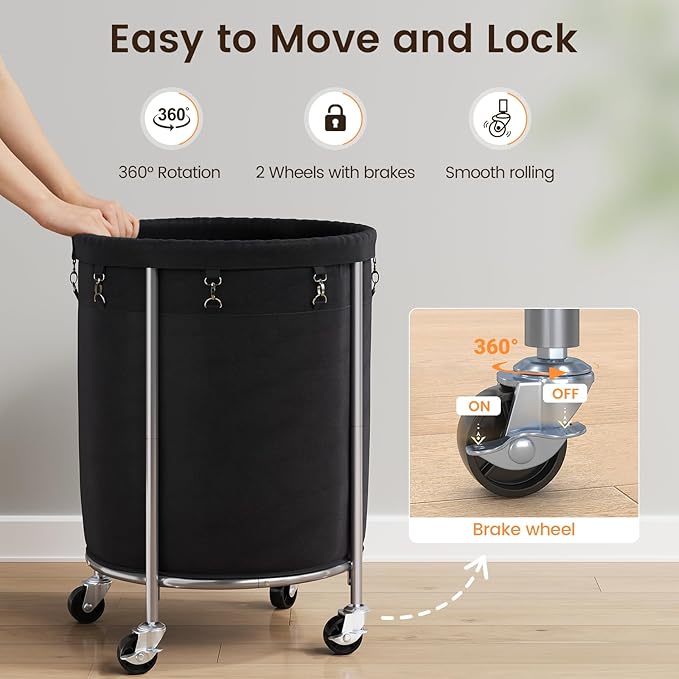 ELYKEN 190L Laundry Basket with Wheels, Large Rolling Laundry Hamper with Removable Liner Bag, Round Rolling Laundry Cart, Dirty Clothes Hamper for Hotel, Home, Closet, Dorm, Black