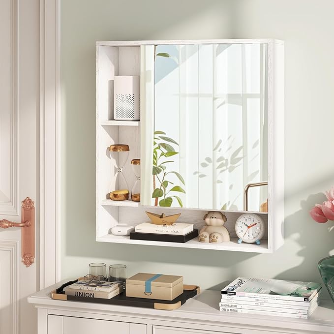 Giantex Bathroom Medicine Cabinet with Mirror, Wall Mounted Medicine Cabinet w/Single Door, 3 Open Shelves & Adjustable Shelf, Space-Saving Hanging Storage Cabinet for Living Room, Hallway (White)