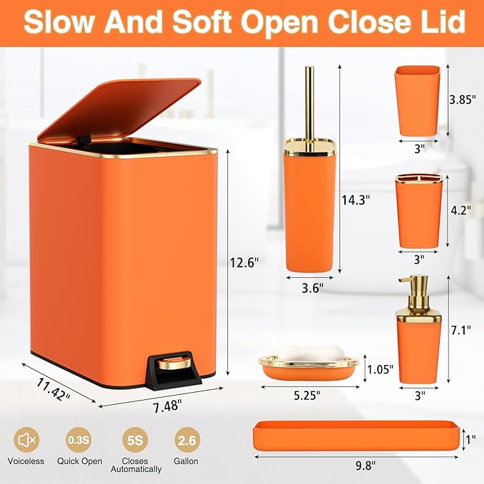 XLHOMO Bathroom Accessories 8 Piece Orange and Gold Bathroom Set, Bath Accessories with Stainless Steel Trash Can,Toilet Brush,Toothbrush Set,Soap Dispenser