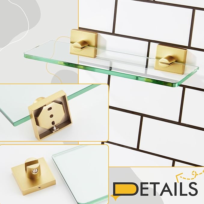 KOKOSIRI Wall Shelves 12 Inches Tempered Glass Shelf Floating Rack for Kitchen Storage Home Decor Bathroom Hardware, Gold Stainless Steel B1107BG-L12