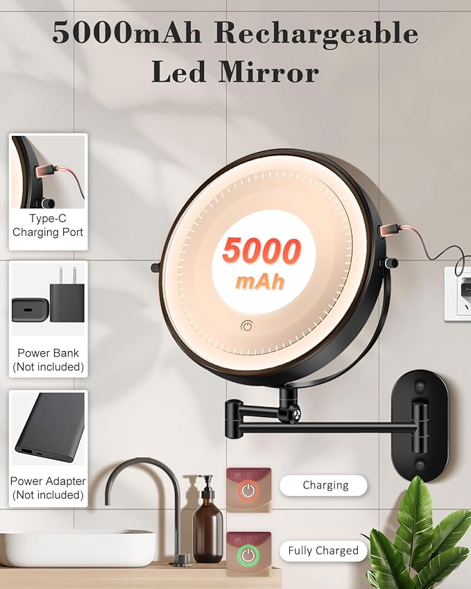 30X/1X Wall Mounted Lighted Makeup Mirror, 9'' Height Adjustable Double Sided 5000mAh Rechargeable Magnifying Bathroom Mirror with Light, 3 Color Modes Touch Dimmable Extended Arm 360 Rotation