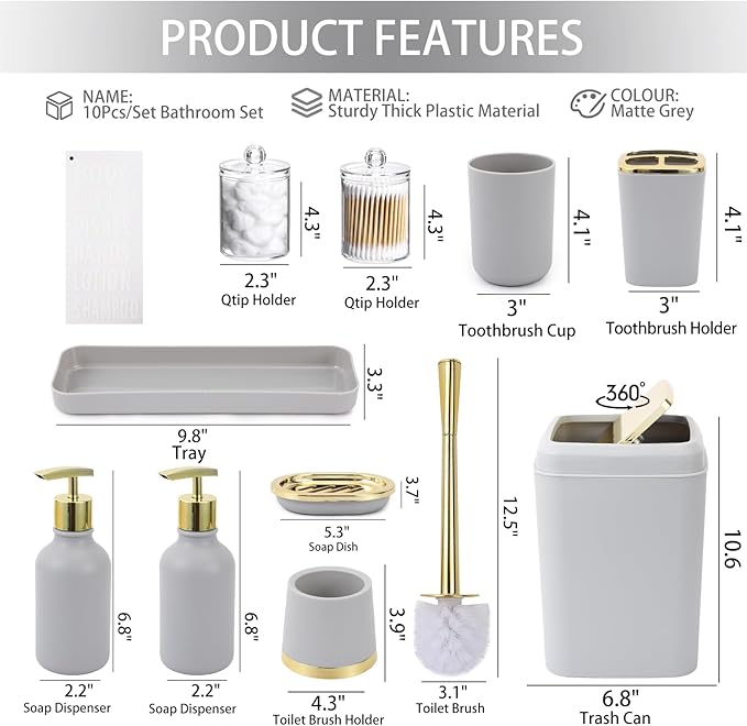 XLHOMO Grey and Gold Bathroom Accessories Set - 10 Piece Bathroom Sets with Trash Can and Toilet Brush, Soap Dispenser, Toothbrush Holder and Cup, Soap Dish, Qtip Holder, for Housewarming Present