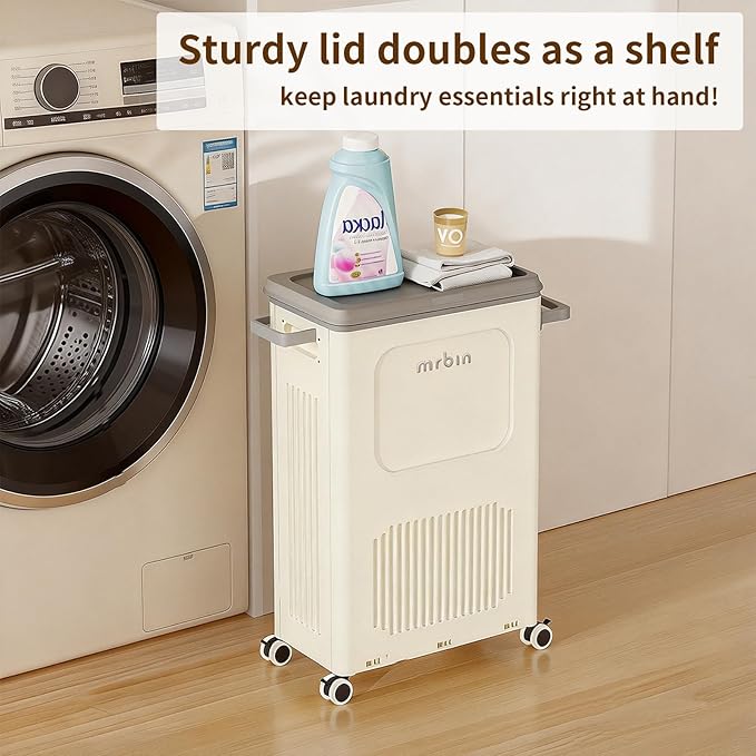 Mrbin Slim Wheeled Laundry Hamper Plastic with Lid, 50L / 13gal Closet Rectangle Basket Containers, Narrow Storage Bins Rolling Utility Organizer Boxes Cart for Bathroom, Clothing, Pantry, White