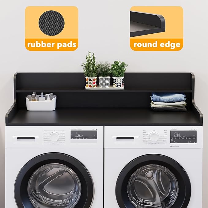 SpaceAid Washer Dryer Countertop with 2-Tier Shelf, Wood Topper with Edge, 54" Width x 27.5" Depth Cover Organizer Guard for Washer and Dryer Counter Laundry Hamper Storage (Black)