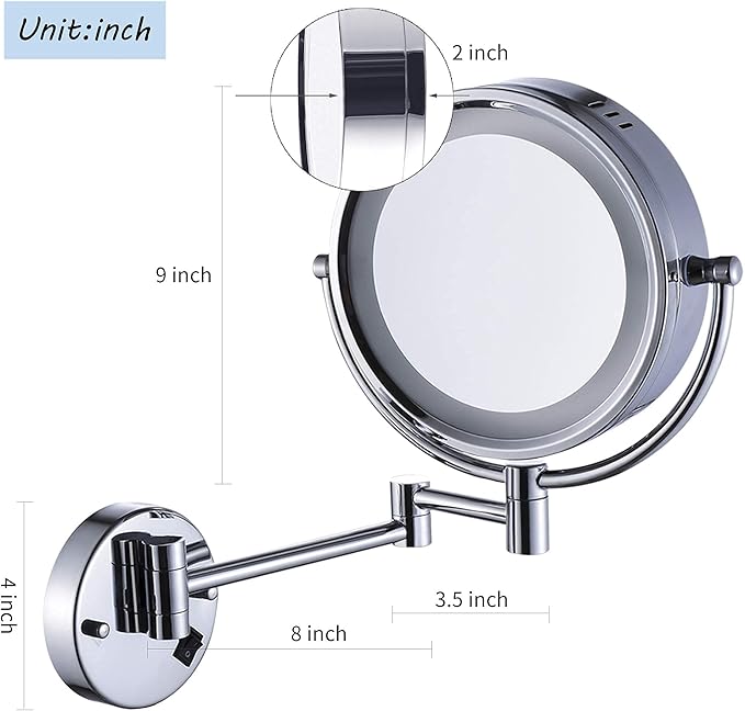 Hardwire LED Lighted Wall Magnifying Mirror for Bathroom with 10x Magnification Sliver,9 Inch Round Surface 13" Extendable Arm Polish Chrome