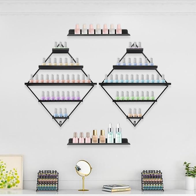 Wall-Mounted Nail Polish Rack, Set of 4 Rhombus Black Nail Polish Shelf Lipstick Perfume Cosmetic Display Shelf for Home Spa Nail Salon Shop