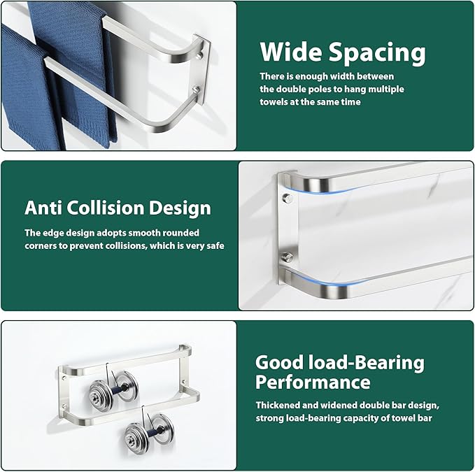 Towel Racks for Bathroom 16.2 Inch, SUS304 Stainless Steel Rustproof Double Towel Bars Wall Mount, Heavy Duty Towel Holder for Bathroom Laundry Room Hotel Modern Home Decor