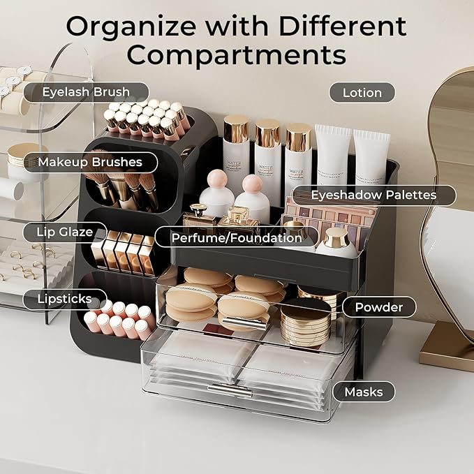 Makeup Organizer for Vanity with Brush Holder, Countertop Skincare Organizer with 2 Drawers, Spacious Cosmetic Display Case for Perfumes, Cologne, Shaving Lotion