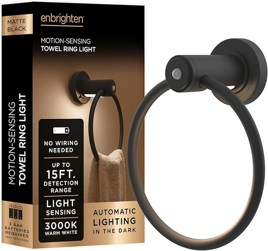 Enbrighten Towel Ring, Motion Sensing, Night Light, Battery Operated, Hand Towel Holder/Hanger for Bathroom, Kitchen, Matte Black, 79181