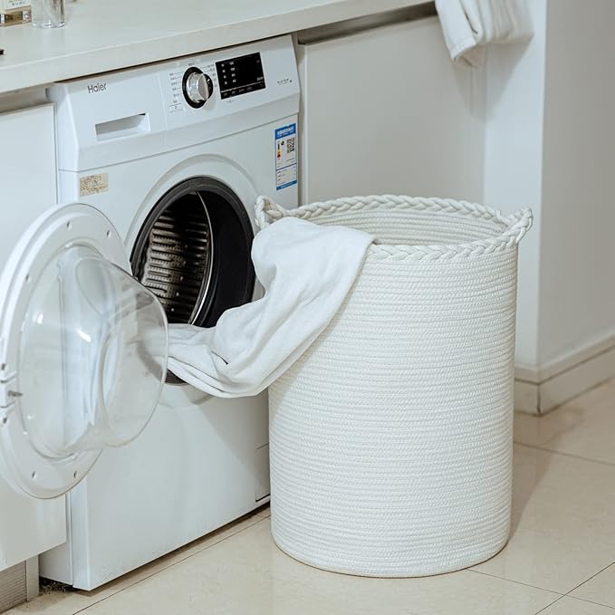 58L Woven Laundry Basket,Cotton Tall Laundry Hamper for Blankets,Clothes,Pillows,Toys,Shoes Large Laundry Bin White