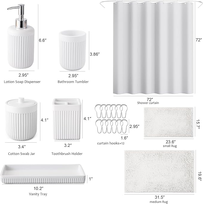 XLHOMO White Bathroom Sets with Shower Curtain and Rugs, 8-Piece Resin Bathroom Accessories Sets Complete with Soap Dispenser, Toothbrush Holder, Tumbler, Tray & Cotton Swab Jars Bathroom Essentials